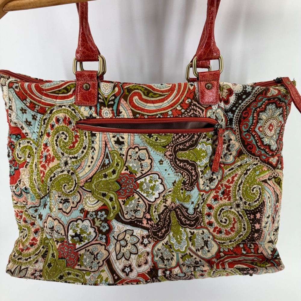 Large Paisley Tote Bag Shoulder Bag Red Leather Trim‎ Top Zip